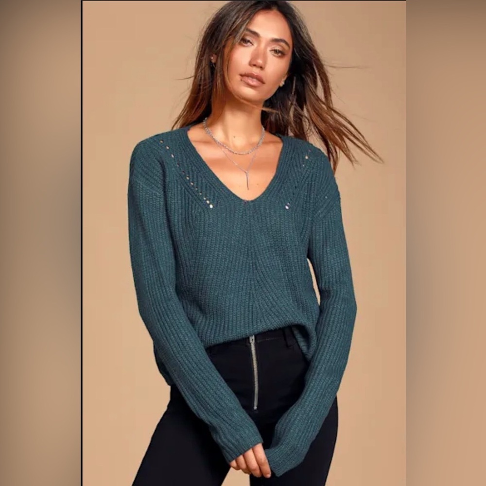 Lulu's Slate Blue V-Neck Knit Sweater